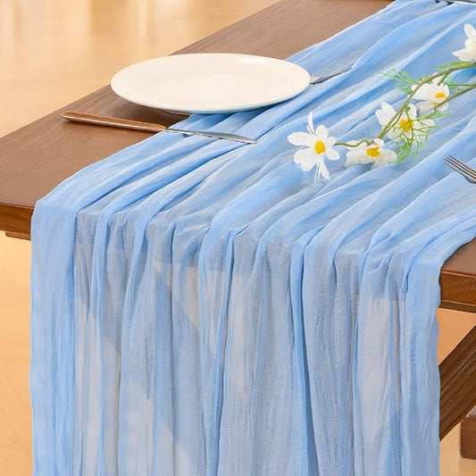Socomi 2pcs Light Blue Cheesecloth Table Runner Easter Spring Boho Rustic Gauze 120 inch 10FT Cheese Cloth Runner for Wedding Party Baby Shower Birthday Home Decor Holiday Decorations