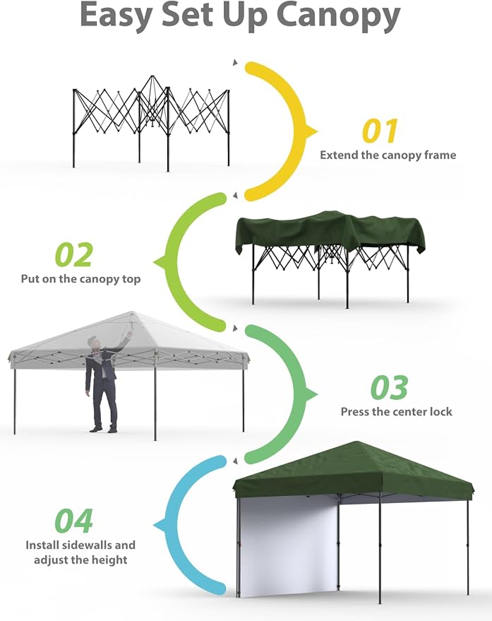 GarveeLife 10x10 Pop Up Canopy with One Sidewalls - Easy Up Camping Tent with One Button Push Setup - 1 Roller Bag, 3 Adjustable Height, 4 Weight Bags for Deck, Garden, Sports, Beach, Party (Green)