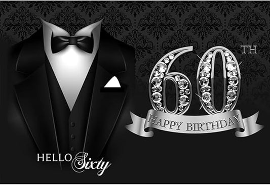 6x4ft Men 60th Birthday Backdrop Black Necktie Suit Tuxedo Hello Sixty Photography Background Luxury Silver Diamonds Men Father 60th Happy Birthday Party Supplies Portrait Photo Shoot Props