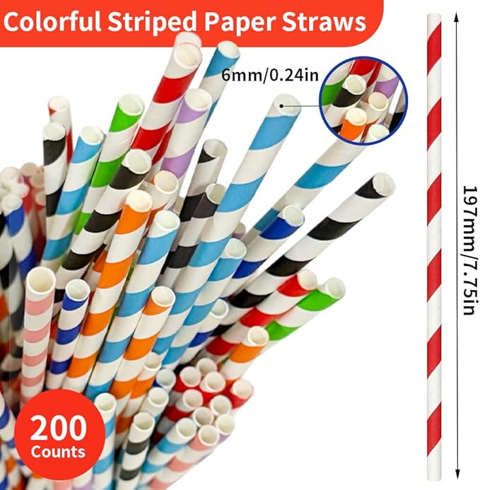 200 Striped Paper Straws(Stochastic), Biodegradable Drinking Colorful Straws Disposable for Birthdays, Coffee, Cocktail, Lemonade, Weddings, Bridal, Baby Shower, DIY Decorations, Party Supplies