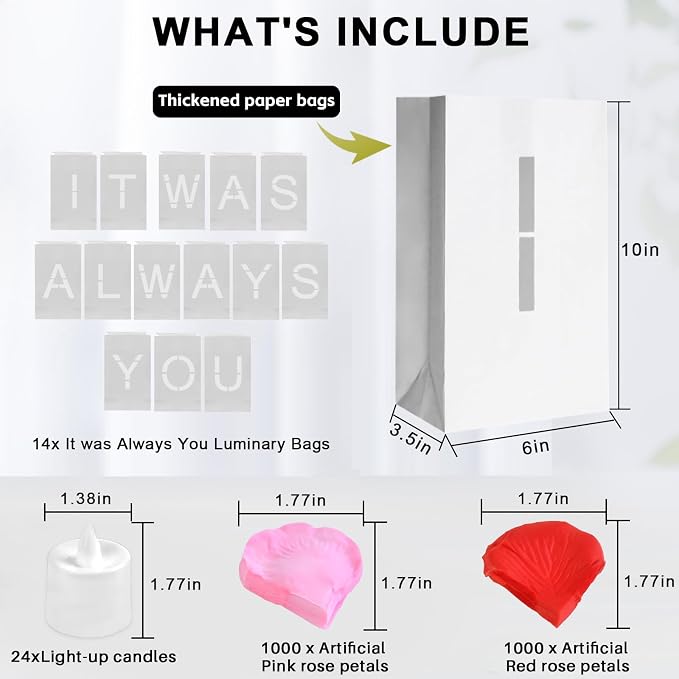 NEXAGEBIUS Valentines Day Decorations It Was Always You Sign Luminary Bags Light Up Letter Set with 2000PC Rose Petals and Candles for Anniversary Romantic Decorations Special Night Decor for Woman Man Girl