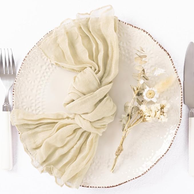 DeZerlor 12 Pack Beige Cheesecloth Napkins Spring Cloth Napkins Set of 12 Cream Dinner Napkins Bulk 21x21 Inches for Wedding Bridal Shower Baby Shower Parties