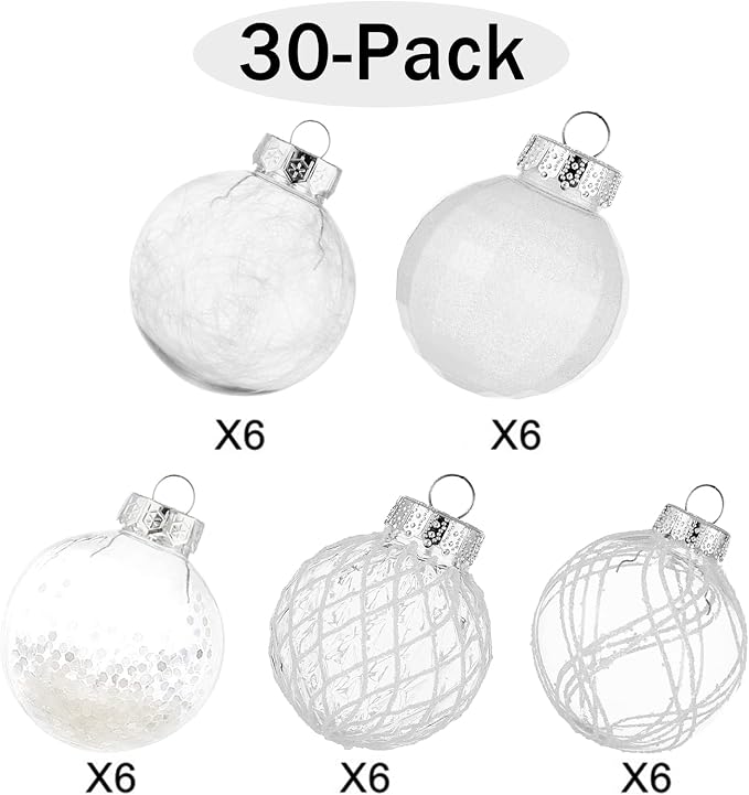 CristBest 30ct Christmas Ball Ornaments-60mm/2.36" Shatterproof Clear Plastic Xmas Balls Baubles Set with Stuffed Delicate Sparkling, Hanging Christmas Tree Decorations(White)
