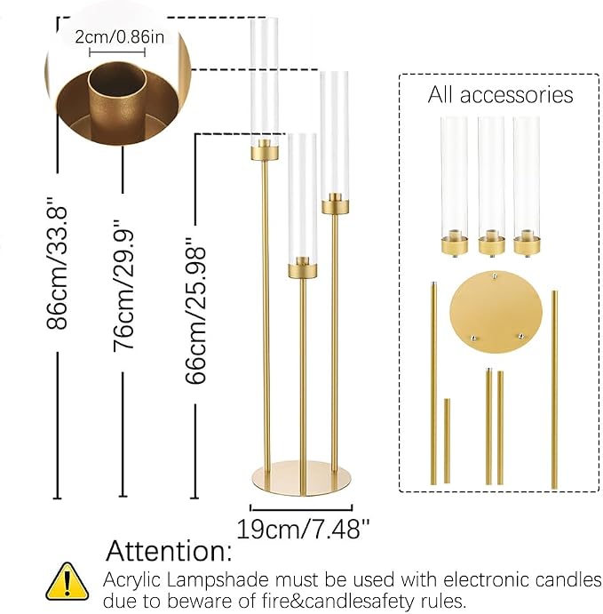 Vincidern 12pcs Candelabra 3 Arm, Wedding Centerpieces for Tables, 33.8'' Tall Candle Holder Gold Table Centerpieces for Wedding, Party, Event, with Acrylic Lampshade, Fit LED Taper Candles
