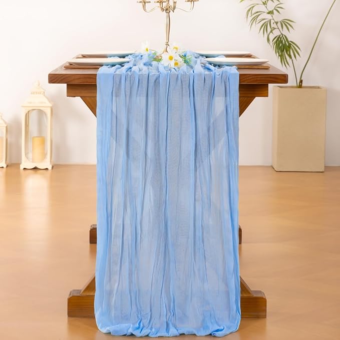 Socomi 6pcs Blue Summer Cheesecloth Table Runner Boho Rustic Gauze 120 inch 10FT Cheese Cloth Sheer Runner for Wedding Party Baby Shower Birthday Home Decor Holiday Decorations