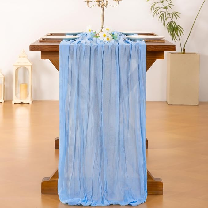 Socomi 10pcs Blue Summer Cheesecloth Table Runner Light Blue Boho Rustic Gauze 120 inch 10FT Cheese Cloth Sheer Runner for Wedding Party Baby Shower Birthday Home Decor Holiday Decorations