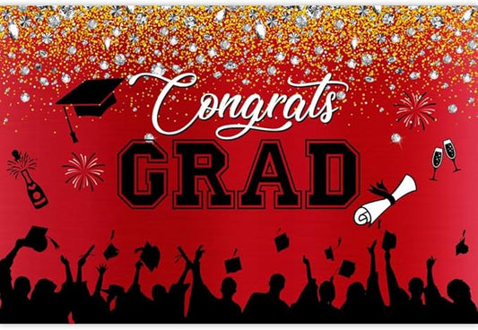 Leowefowa Congrats Grad Backdrop 10x7ft Red Black Gold Glitter Graduation Backdrops for Photography Congratulations Graduates Backdrop Banner Grad Prom Party Decor Grad Photo Booth Props