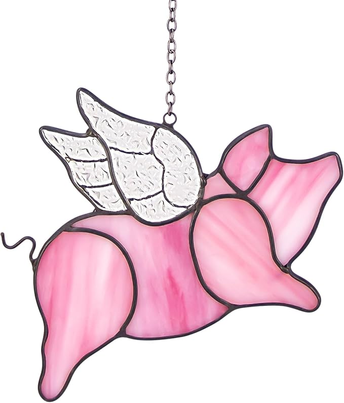 Flying Pig Suncatcher, Stained Glass Window Hanging Decor, Handmade Gift for Pig Lovers Women Mom - Funny Animal Party & Nursery Decoration
