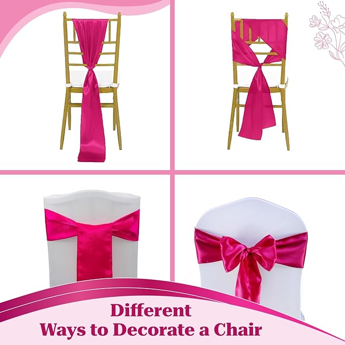 MDS Satin Chair Sashes, 200 Pack, 7”x108” Each, Decorative Chair Bows Ribbon Tie Backs for Wedding Party, Holiday Dinner, Birthday, Reception, Banquet, Hotel & Event Decoration - Magenta