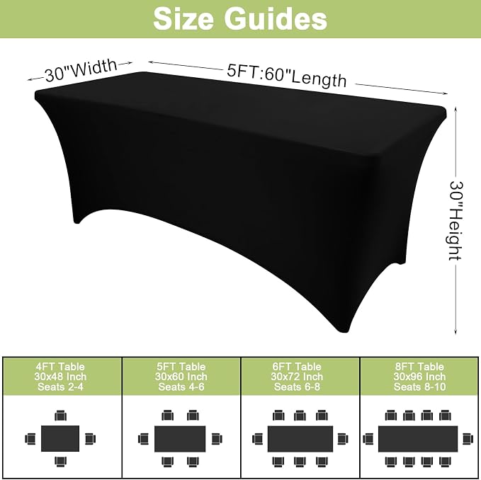 Moosfor Spandex Elastic Fitted 5FT Rectangle Tablecloth 6 Pack, Stretch Washable Reusable Table Cover for Outdoor Picnic, Dining, Wedding, Banquet & Party Events (Black, 60Lx30Wx30H Inch)