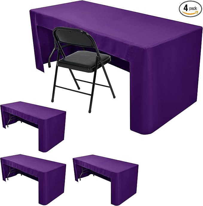 HolidayIdeas 4-Pack 4ft Open Back Fitted Tablecloths for Craft Shows Purple | 3-Sided coverage wrinkle resistant tablecloths for vendor booths,banquet events,outdoor pop-up shop