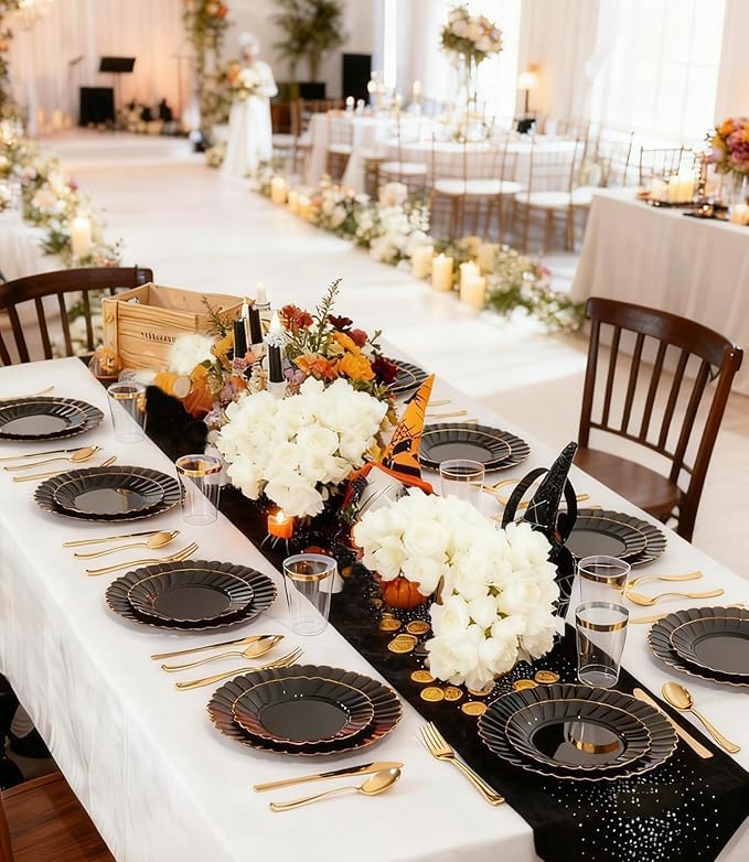 YOUBET 60PCS Black Scalloped Plastic Plates - Black and Gold Disposable Plates include 30 Gold Dinner Plate, 30 Dessert Plate for Party & Wedding