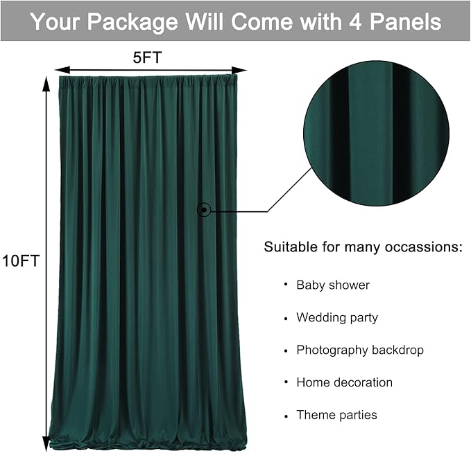 20ft x 10ft Wrinkle Free Hunter Green Backdrop Curtains for Parties, 4 Panels 5x10ft Polyester Green Photo Backdrop Drapes for Wedding Party Jungle Birthday Photography Background