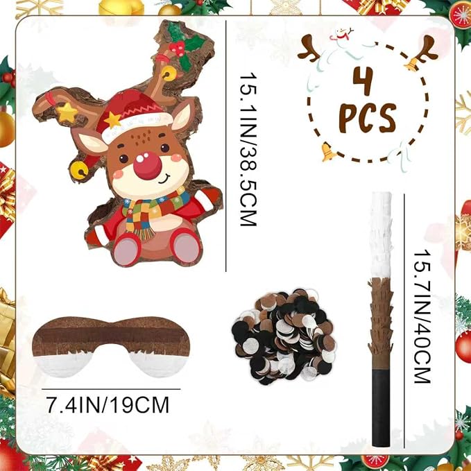 15.1'' Christmas Party Elk Piñata, 4 Pcs Xams Pinata Bundle, Winter Wonderland Party Decorations Elk Piñata Blindfold Stick etc