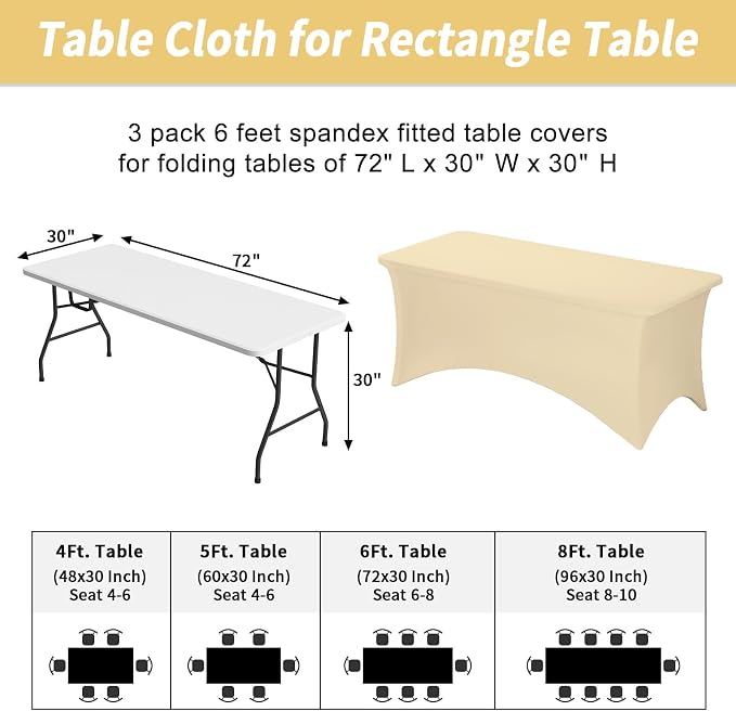 Fixwal 3 Pack Champagne Tablecloth Rectangle 6Ft, Stretch Spandex Fitted Table Cover for Party, Trade Show, Wedding, Buffet, Graduation, Vendor Stand