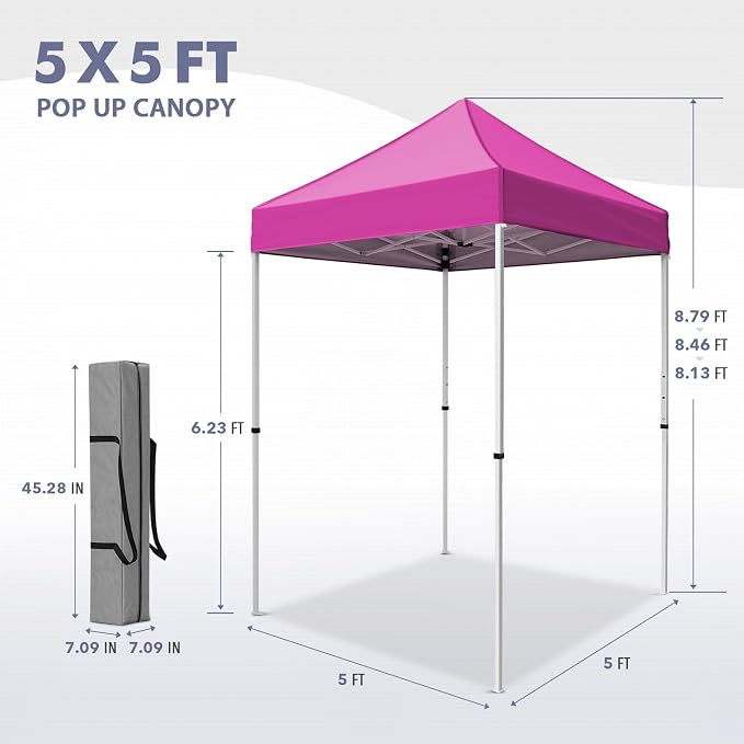 5x5 Pop Up Canopy Tent, Instant Portable Beach Canopy, Outdoor Tent with Carry Bag for Camping, Sports, Tailgating, Events, Pink