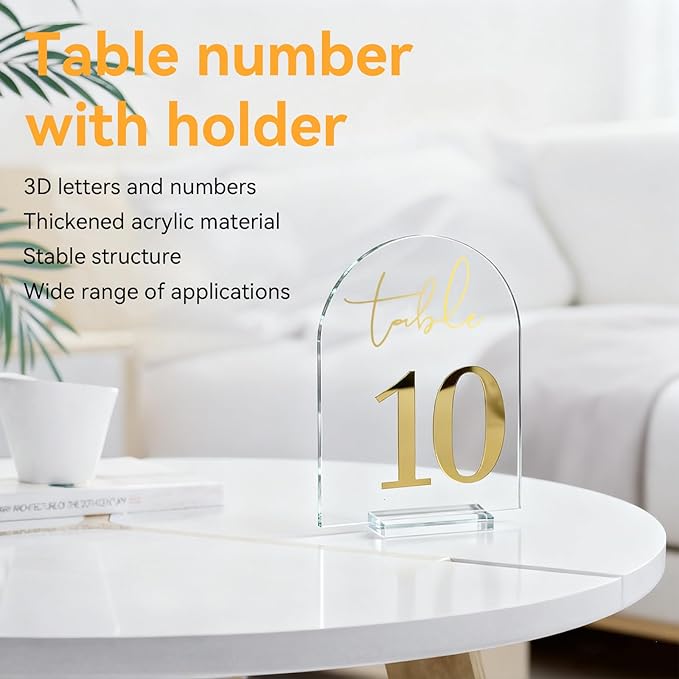 Wedding Table Numbers 1-10 with Holders, 5 x 7 Inch Transparent Acrylic Reception Table Signs Golden Letters, Number Cards for Party, Restaurant
