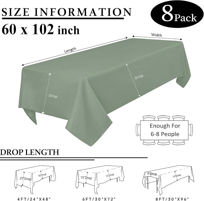 8 Packs Sage Green Tablecloth Rectangle 60x102 Inch Rectangular Table Cloth For 6 Foot Rectangle Tables, Wrinkle Resistant Polyester Fabric Tablecloth Washable Table Cover For Wedding Party Buffet