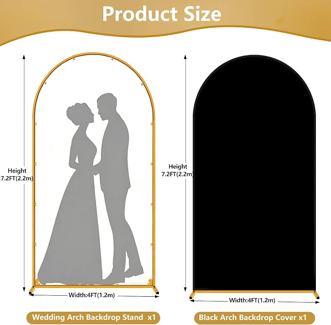 Metal Arch Backdrop Stand and Cover Set, 7.2FT Gold Wedding Backdrop Arch Frame Stand with Cover, Balloon Arch Stand with Black Arch Cover for Party Birthday Baby Shower Graduation Decorations