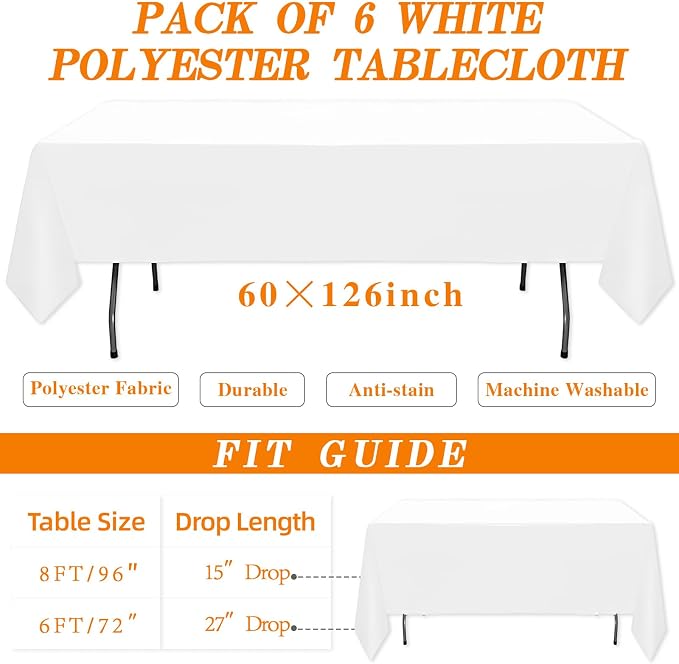 WIGENIUS 6 Pack White Table Cloth Rectangle Tablecloths 60X126 Inch,Polyester Table Cloth for 8 Foot Rectangle Tables,Wrinkle Resistant Washable Fabric Table Covers for Party,Wedding Banquet