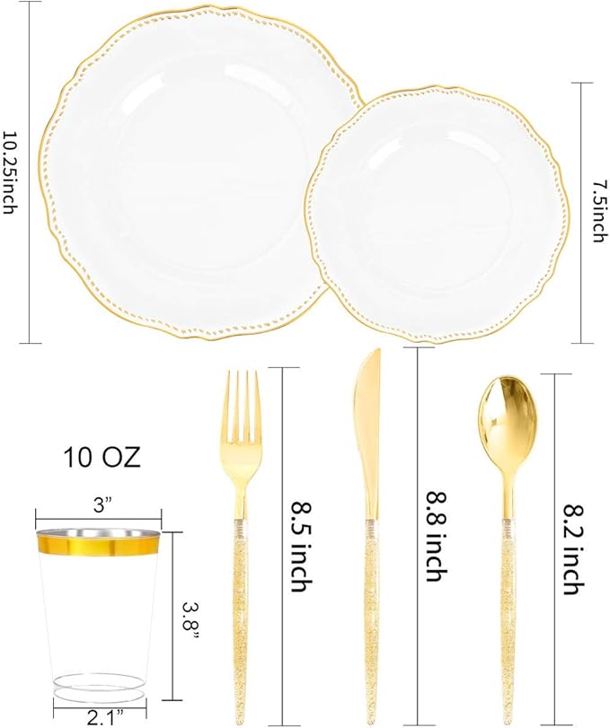 Hioasis 175pcs Clear Gold Plastic Plates&Gold Plastic Silverware with Gold Glitter Handle&Clear Cups&Napkins Served for 25 Guests-Clear and Gold Dinnerware for Weddings&Thanksgiving,Holiday Events