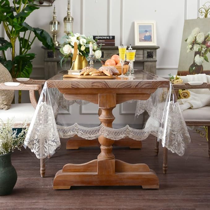 ARTABLE Vinyl PVC Rectangle Tablecloth Waterproof Clear Table Cover with Champagne Lace Macrame Border for Wedding Kitchen Home Outdoor Indoor Holidays Party Decor (Stone, 60 x 84 Inch)