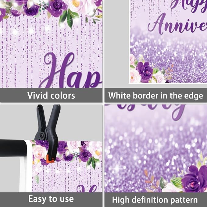 10x10ft Happy Anniversary Backdrop, Floral Glitter Backdrop for Women Wedding Anniversary Decoration Violet and Pink Flowers Photography Background Cake Table Banner Party Decor