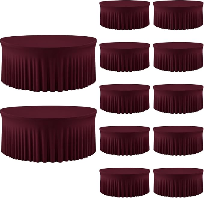 12 Pack Burgundy Round Tablecloth with Skirt, 60 Inch Elastic Fitted Table Cover for 5FT Tables, Wrinkle-Resistant & Washable Snug Fit for Christmas, Thanksgiving, Holiday Dinners & Parties