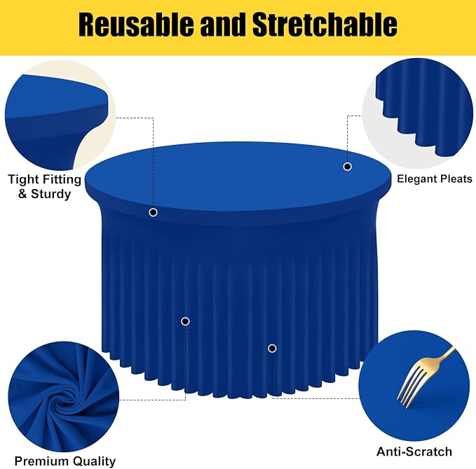 Smiry Round Spandex Tablecloth 2 Pack, Elastic Fitted Washable Tablecloths for 72 Round Tables, Waterpoof Stretch Table Cover Skirt for Outdoor, Wedding, Banquet & Parties, Blue