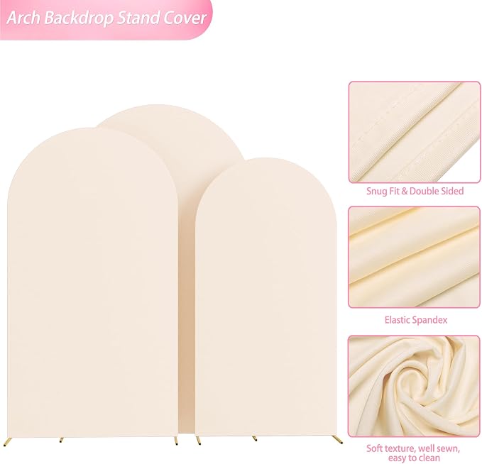Wokceer Wedding Arch Backdrop Cover (8FT, 7.2FT, 6.6FT) Set of 3 Spandex Fitted Wedding Arch Stand Covers Round Top Chiara Backdrop Stands Cover for Birthday Party Ceremony Banquet Decor Beige