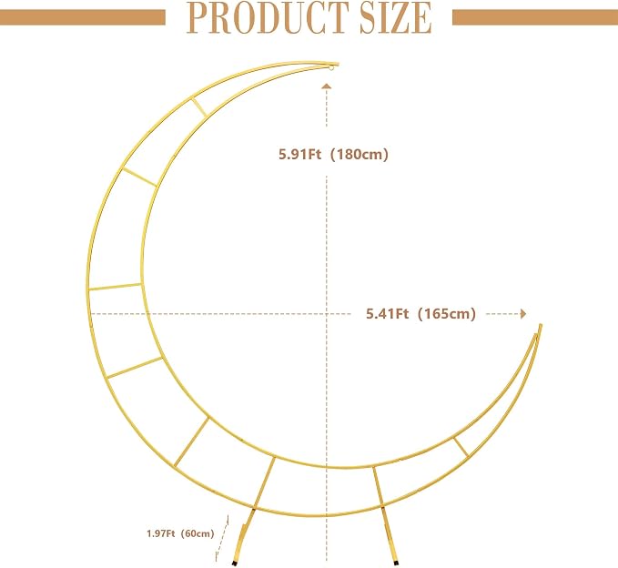 5.9 Feet Moon Shaped Wedding Arch Backdrop Stand Gold Frame for Festival Decorations Easy Assembly Rustproof Reusable Iron Material Ideal for Wedding Venue and Party Balloon Arch Display