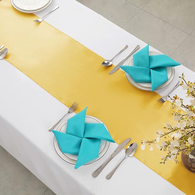 Horbaunal 24 Pack Yellow Gold Satin Table Runner 12 x 108 Inch, Smooth Table Runners for Wedding Banquets Birthday Party