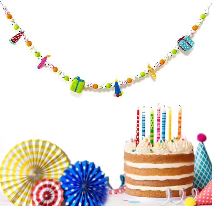 Pre-Strung Happy Birthday Banner, Colorful Felt Ball Garland, Felt Party Hats, Birthday Candles, Cute Gifts, Personalized Banner Sign for Holiday Decor Birthday Party Decoration