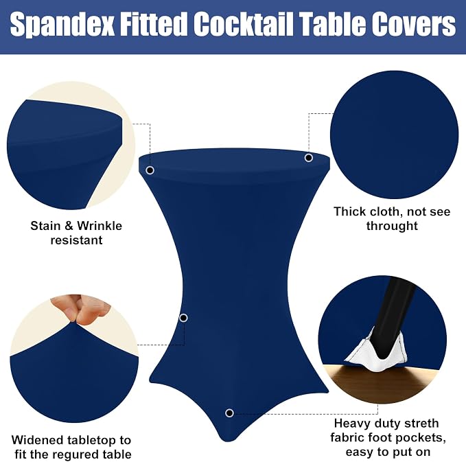 Moosfor Spandex Cocktail Table Covers 4 Pack, Elastic Fitted Stretch Table Cloth, Round High Top Tablecloths for Bar, Party, Pub, Wedding & Banquet (Navy, 32x43 Inch)