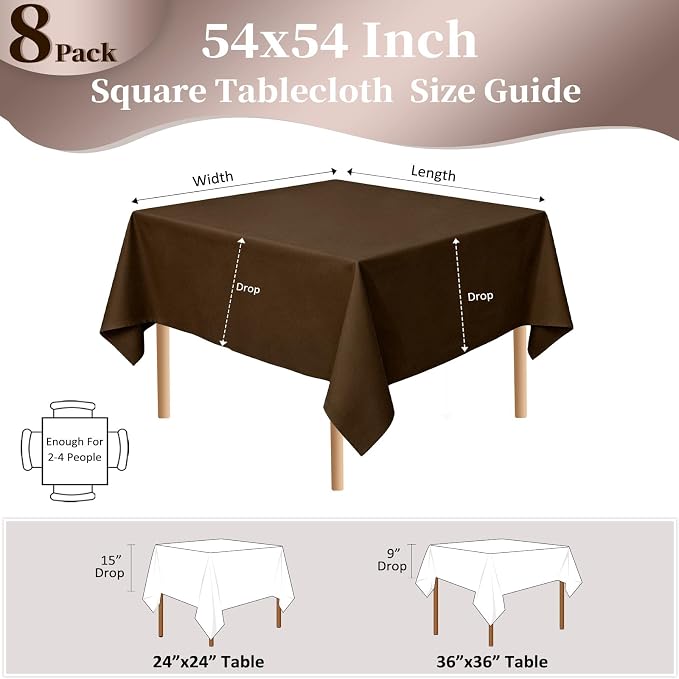 8 Pack Brown Square Tablecloth 54x54 Inch Table Cloth for Square Tables, Wrinkle Resistant Washable Polyester Fabric for Dining Banquet Wedding Party