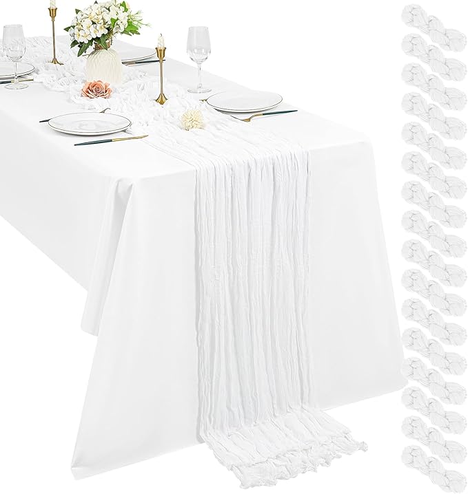 16 Pack Cheesecloth Table Runner, 10Ft Boho Gauze Table Runner 35×120 Inch Rustic Romantic Long Table Runner for Wedding Party Bridal Shower Thanksgiving Christmas Decoration(White)