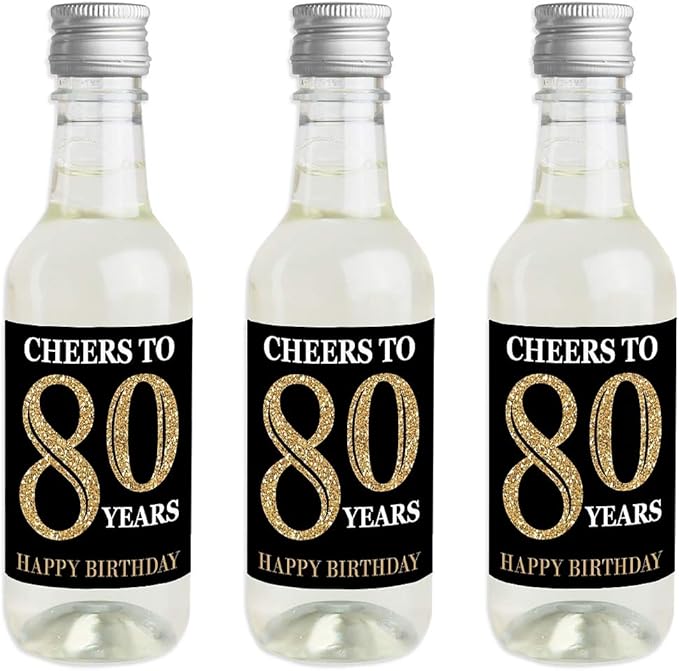 Big Dot of Happiness Adult 80th Birthday - Gold - Mini Wine and Champagne Bottle Label Stickers - Birthday Party Favor Gift for Women and Men - Set of 16