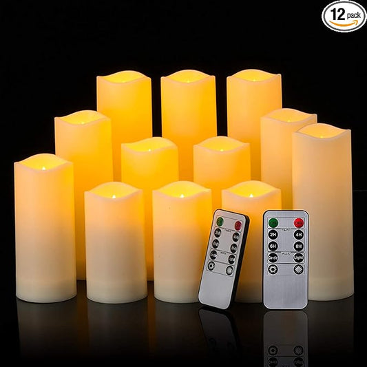 YOROXRG 12 Pack Flameless Candles Battery Operated Waterproof Led Candles (D:2.2" X H:4" 5" 6" 7") Candles with 2 Remotes Contro for Wedding, Party, Birthday