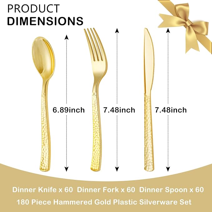 Supernal 180pcs Gold Plastic Silverware Set, Heavy Duty Disposable Cutlery for 60 Guests，Hammered Gold Utensils with 60 Forks, 60 Spoons, 60 Knives for Wedding, Party & Catering