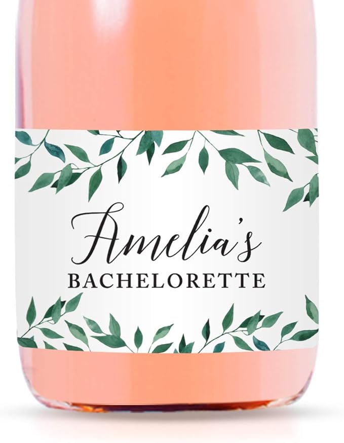 Andaz Press Personalized Mini Champagne Wine Bottle Labels, Amelia's Bachelorette, Location, Greenery Green Leaves, 20-Pack, Custom Mini Champagne Favor Gift Labels Stickers