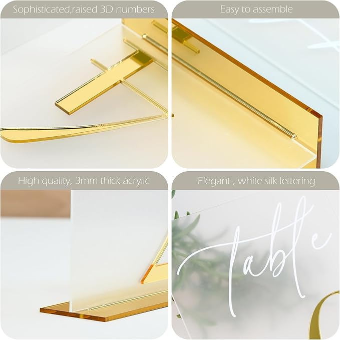 Acrylic Wedding Table Numbers 1-10 with Stands, 5"x7" Frosted Acrylic Place Cards with 3D Gold Mirror Numbers, Frosted and Gold 3D Table Numbers for Wedding Reception, Anniversary, Event
