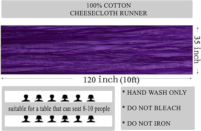 MDS Pack of 25 Cheesecloth Table Runner 35x120 Inch, 10FT Long Gauze Cheese Cloth Table Runner for Wedding Party Birthday Bridal Shower Farmhouse Garden Boho Rustic Table Decoration - Purple