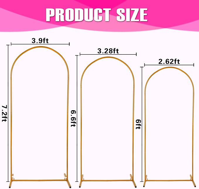 Metal Arch Backdrop Stand Set of 3 Gold Wedding Balloon Arch Frame Backdrop Stands 7.2FT, 6.6FT, 6FT for Birthday Party Garden Graduation Ceremony Baby Shower Decoration