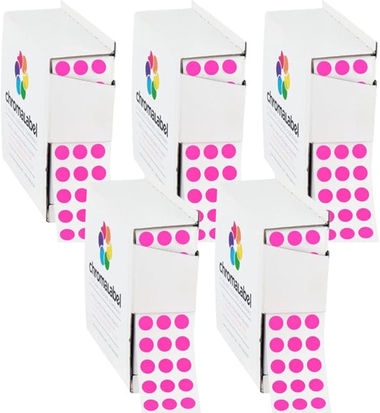 ChromaLabel 1/4 Inch Circle Sticker Labels, High Visibility Colored Dot Stickers with Handy Dispenser, Round Color Coding Labels - 1000 Sticky Dots, Fluorescent Pink Stickers - Case of 5