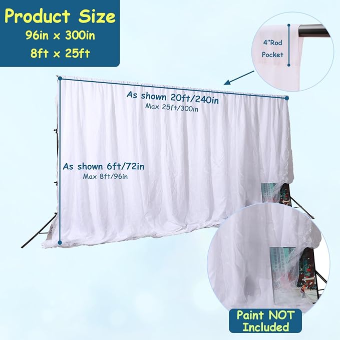 Extra Wide Two Layers One Piece Trade Show Booth Backdrop, White, 25x8ft | Chiffon Tulle & Polyester, Extra Wide Blackout Curtains, Theatrical Backdrops