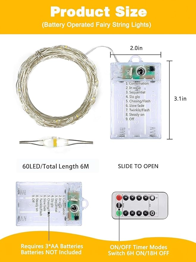 6 Pack 60 LED Fairy Lights Battery Operated with Remote, 8 Modes String Lights Indoor Outdoor, Cuttable Battery Light for Home Bedroom Wedding DIY Centerpiece Christmas Decorations (Warm White)
