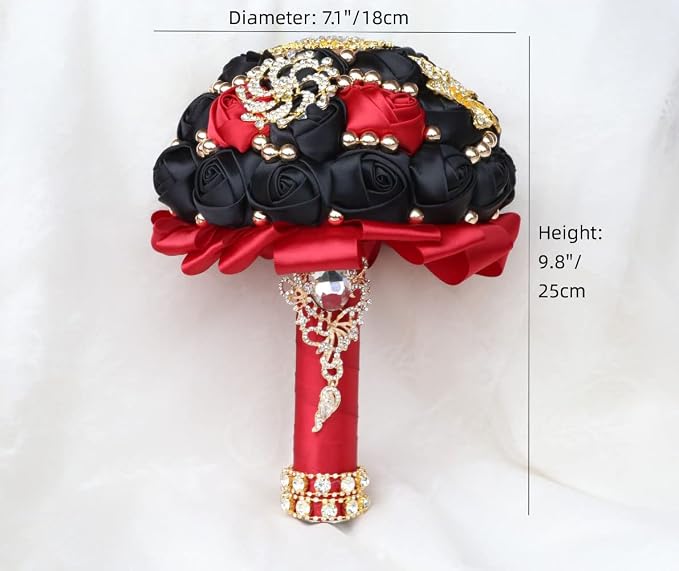 Burgundy and Black Bridal Wedding Bouquet Luxury Gold Rhinestone Brooch Bouquet for Bride Bridesmaid Quinceanera Satin Rose Artificial Flower Bouquet Wedding 7.1in