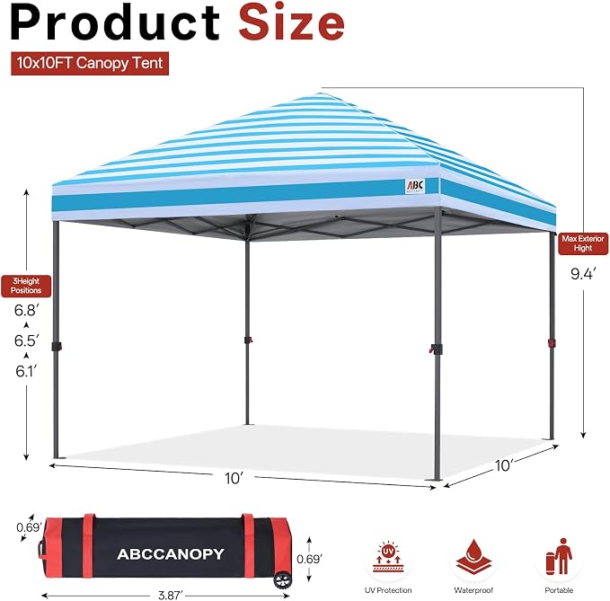 ABCCANOPY 10x10 Pop Up Canopy Tent, Easy Setup Instant Shelter with Wheeled Bag, Heavy Duty Outdoor Canopy for Beach, Market, Backyard, Outdoor Weather Protection (Sky Blue Stripes, 10x10)