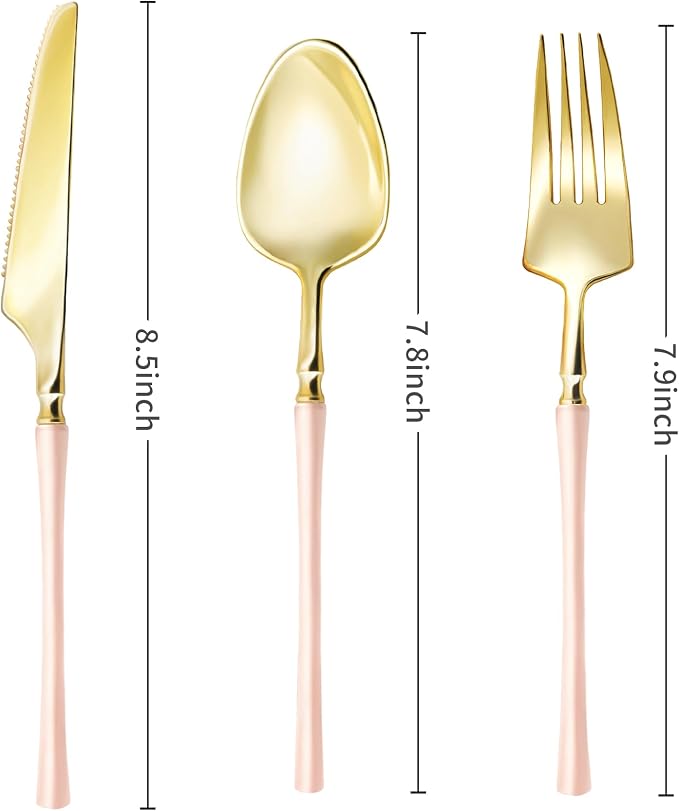Lullaby 150pcs Gold Plastic Silverware, High End Disposable Cutlery with Pink Handle Include 50 Forks, 50 Spoons, 50 Knives, Perfect for Birthdays, Parties, Weddings, and More