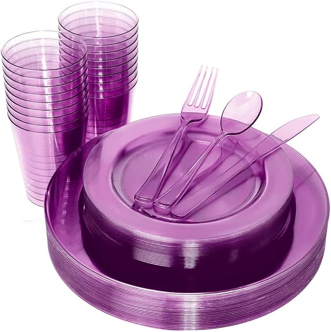 WDF 25 Guest Purple Plastic Plates with Disposable Silverware & Plastic Cups include 25 Neon Clear Purple Dinner & Salad Plates,25Forks, 25Knives,25 Spoons,25Cups for Party